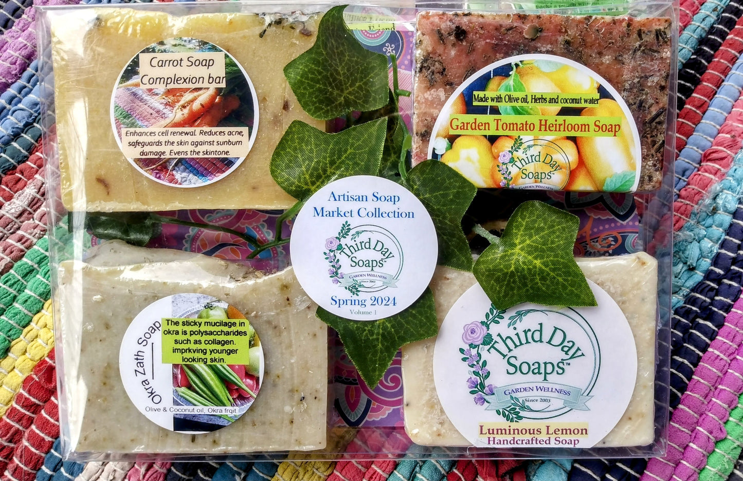 Artisan handmade 4 pack gift set. Carrot complexion, Tomato Garden Heirloom,  Okra zath, and luminous Lemon soap bars.