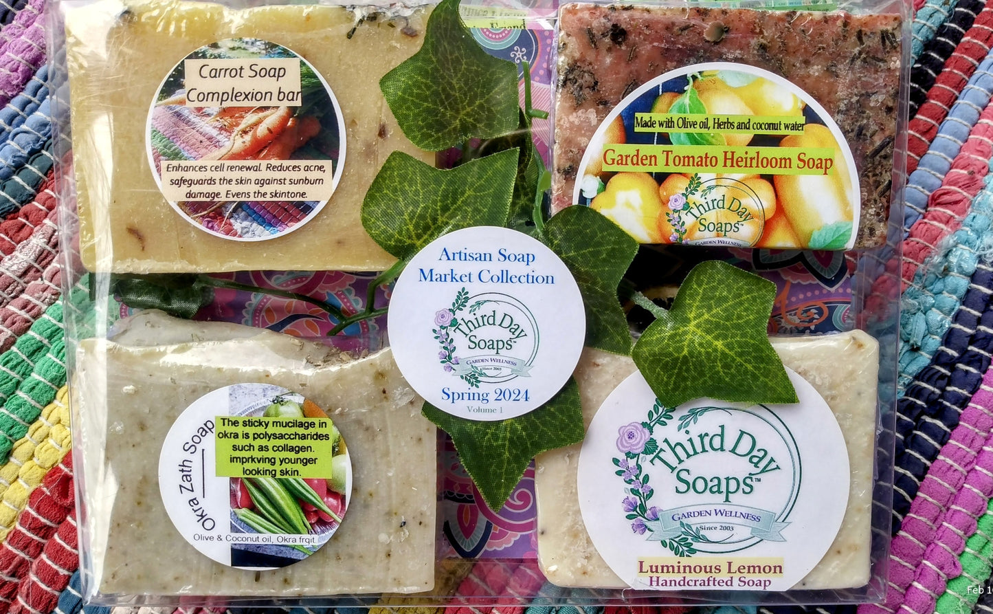 Artisan handmade 4 pack gift set. Carrot complexion, Tomato Garden Heirloom, Okra zath, and luminous Lemon soap bars.