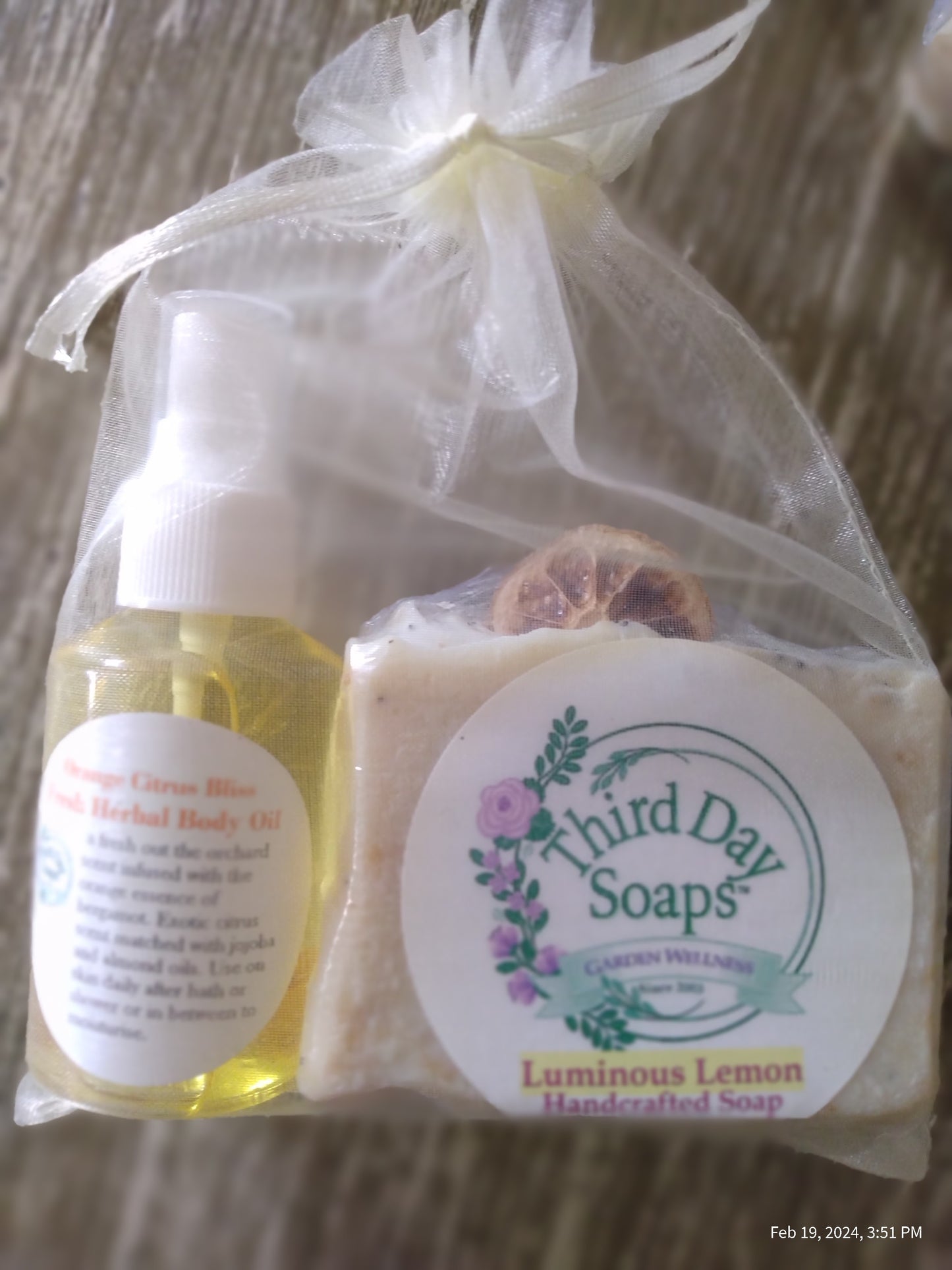 Luminous Lemon handcrafted soap and Citrus body care oil set.