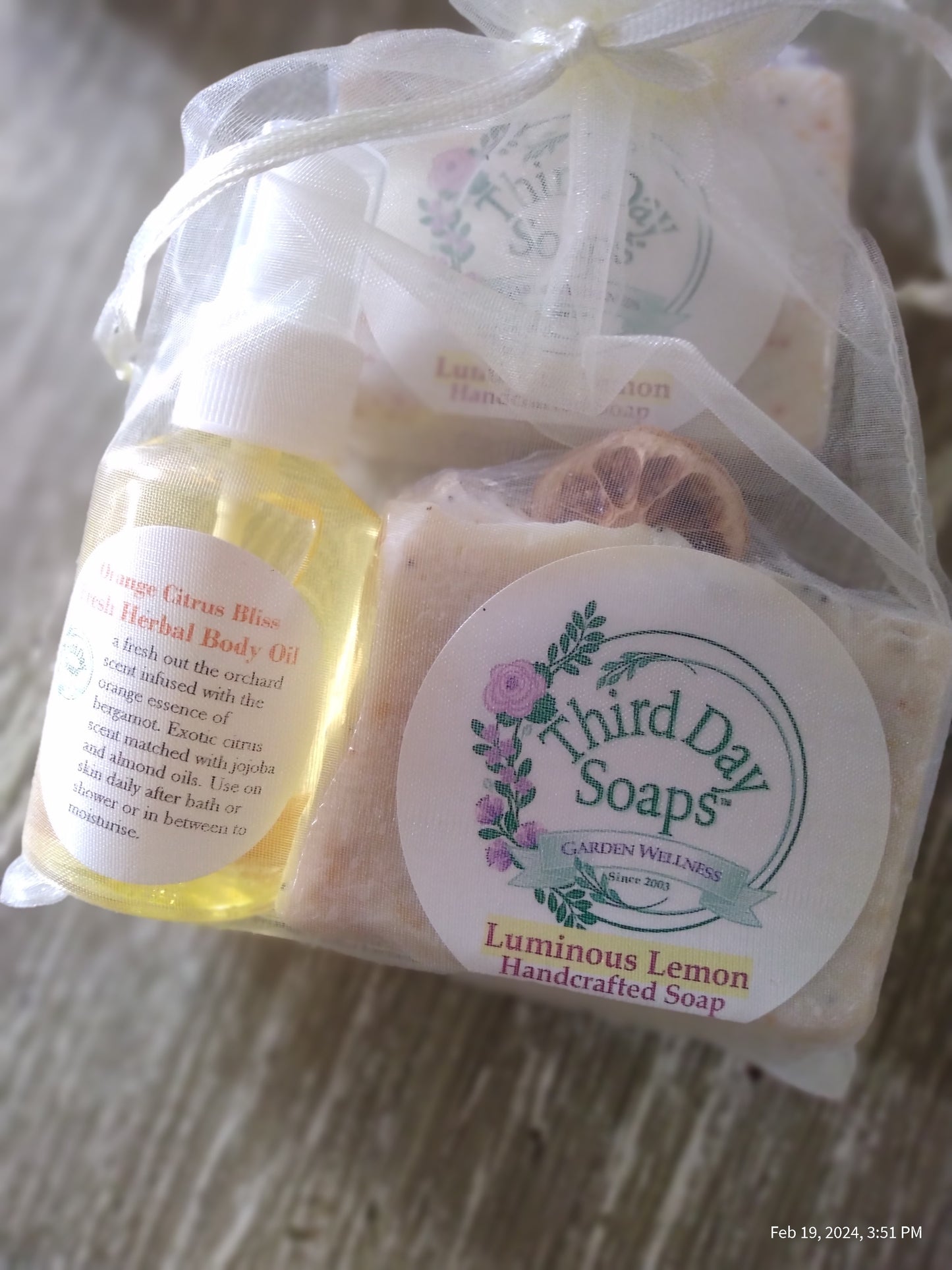 Luminous Lemon handcrafted soap and Citrus body care oil set.