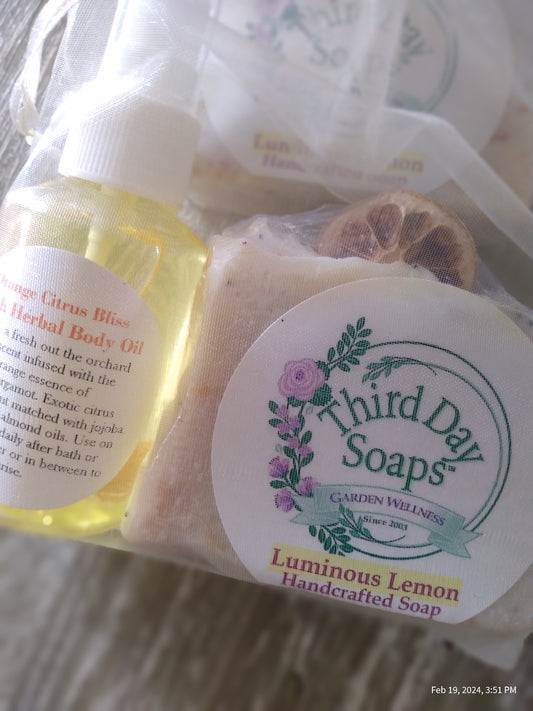 Luminous Lemon handcrafted soap and Citrus body care oil set.