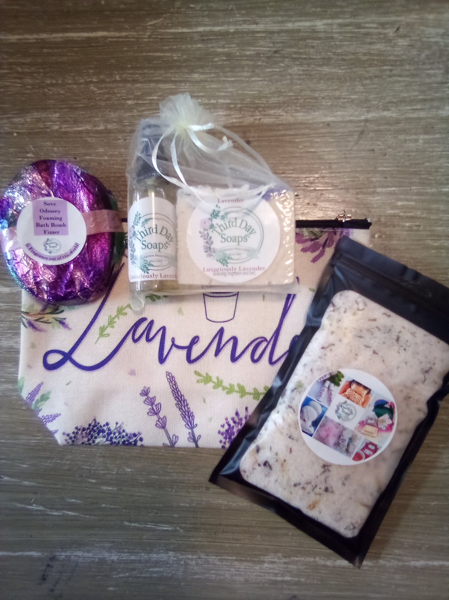 Loving Lavender Spa Gift Set Lavender Soap Bar, Lavender Apricot Bath Fizzer, Lavender Body Oil and Relaxing Milk Bath Soak