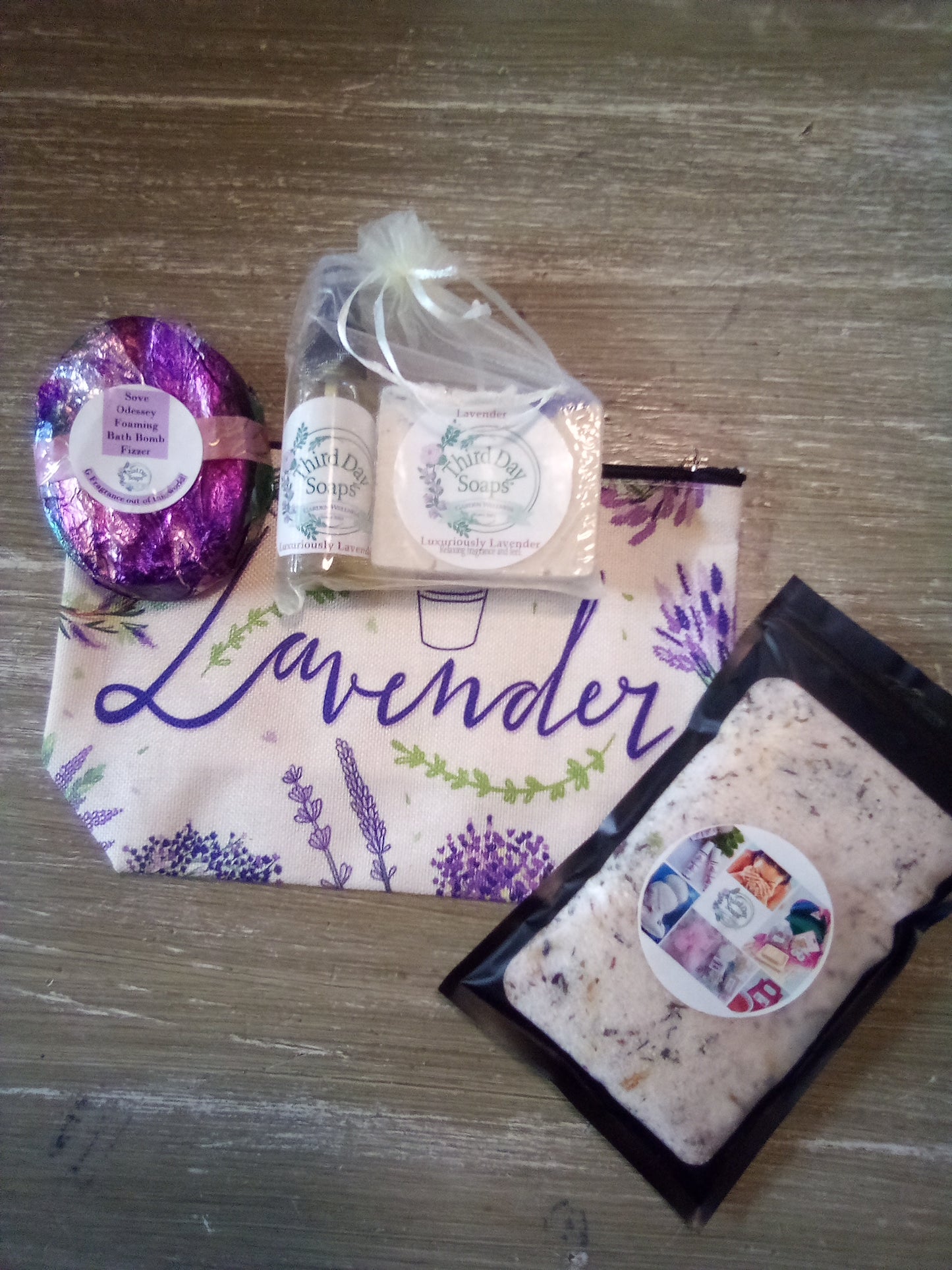 Loving Lavender Spa Gift Set Lavender Soap Bar, Lavender Apricot Bath Fizzer, Lavender Body Oil and Relaxing Milk Bath Soak
